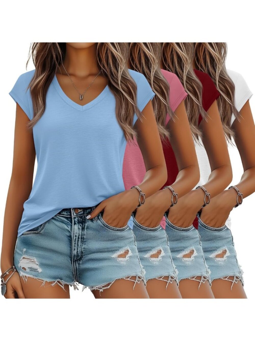 4 Pack Women's V Neck Short Sleeve Summer Tees - Casual & Comfy Tops
